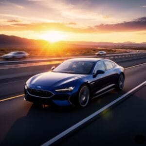 Eco-friendly plug hybrid car on highway with sunset background 2026 Eco-friendly plug hybrid car on highway with sunset background 2026