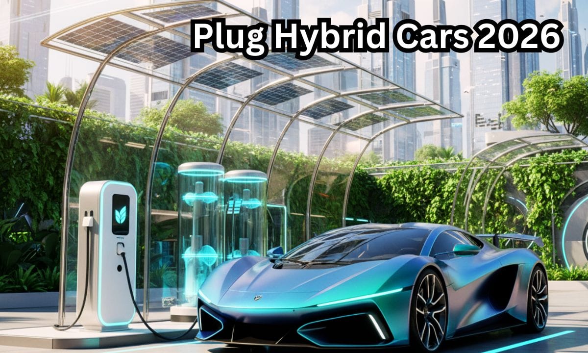 futuristic plug hybrid car 2026 model parked at EV charging station