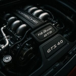 Close-up of Porsche 718 Boxster GTS 4.0 flat-six engine