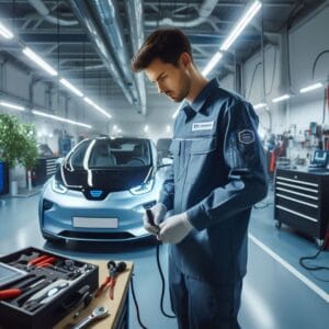 Buying a Used Electric Car Electric car fast-charging station close-up"