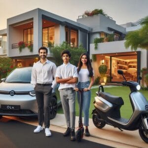 OLA electric scooter, bike, and car parked together showcasing integrated mobility ecosystem OLA electric scooter, bike, and car parked together showcasing integrated mobility ecosystem